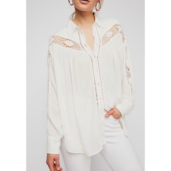 Free People Tops - Free People Katie Bird White Crochet Lace Shirt L Oversized Crinkle Beachy Boho